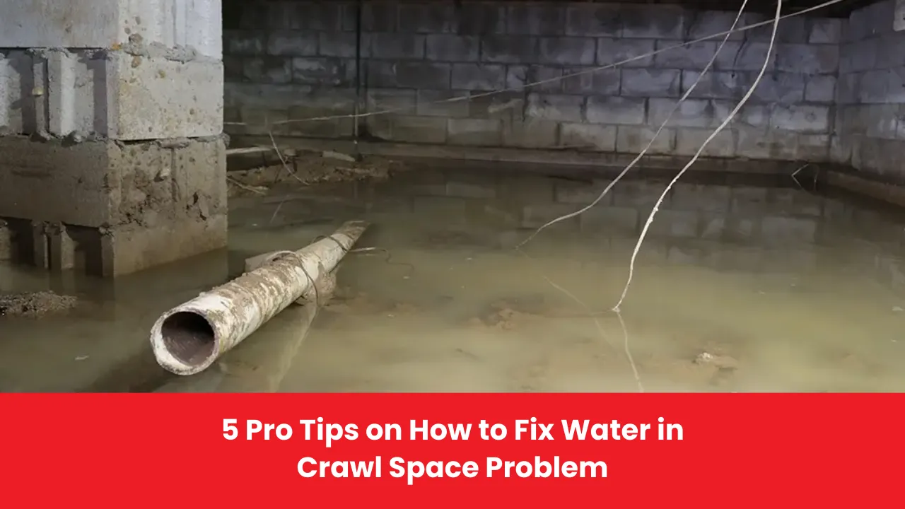 Water accumulation in a crawl space with a pipe lying in the stagnant water, demonstrating a water issue.